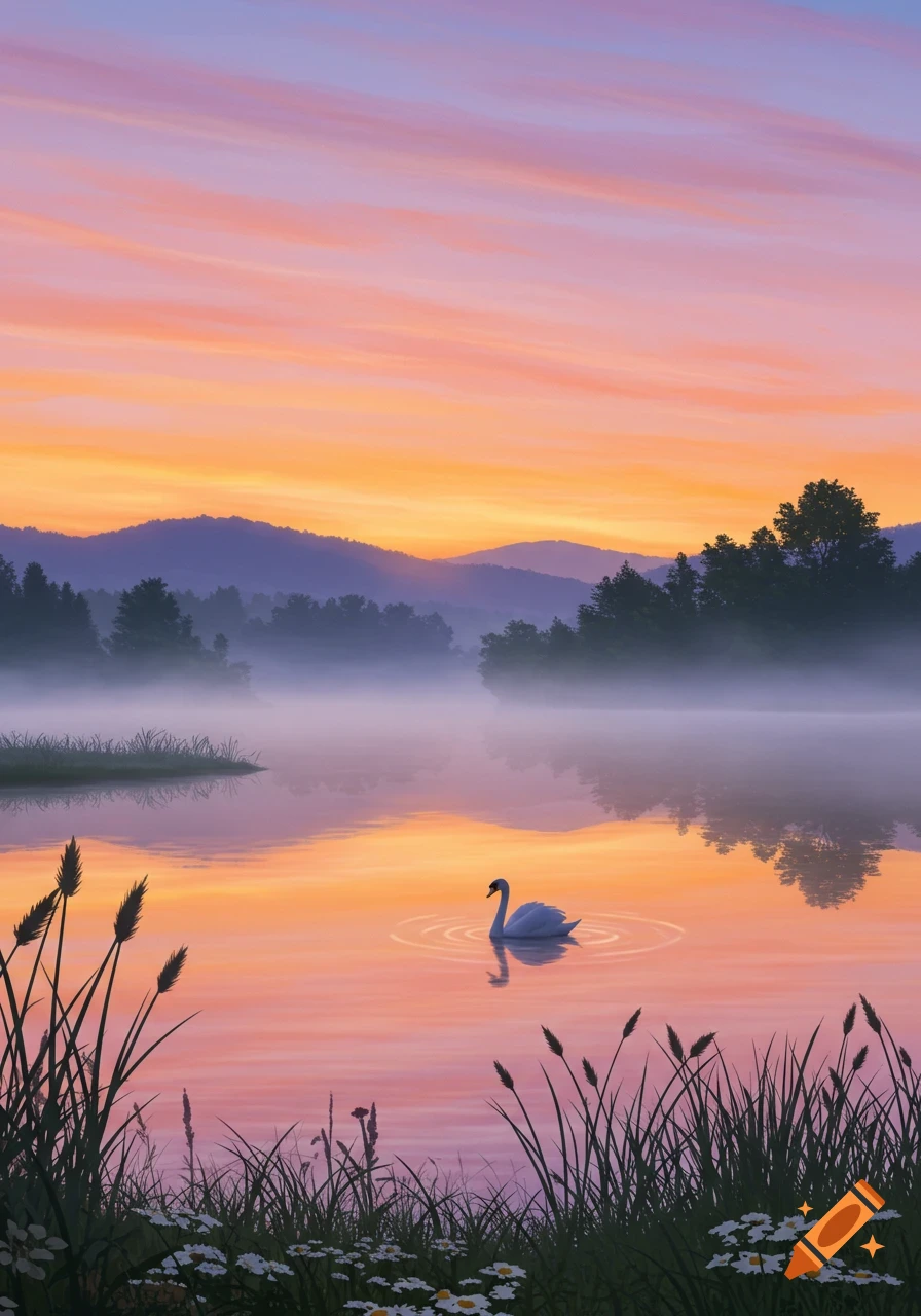 A swan on a misty lake at sunrise, surrounded by mountains and tall grass under an orange and purple sky.