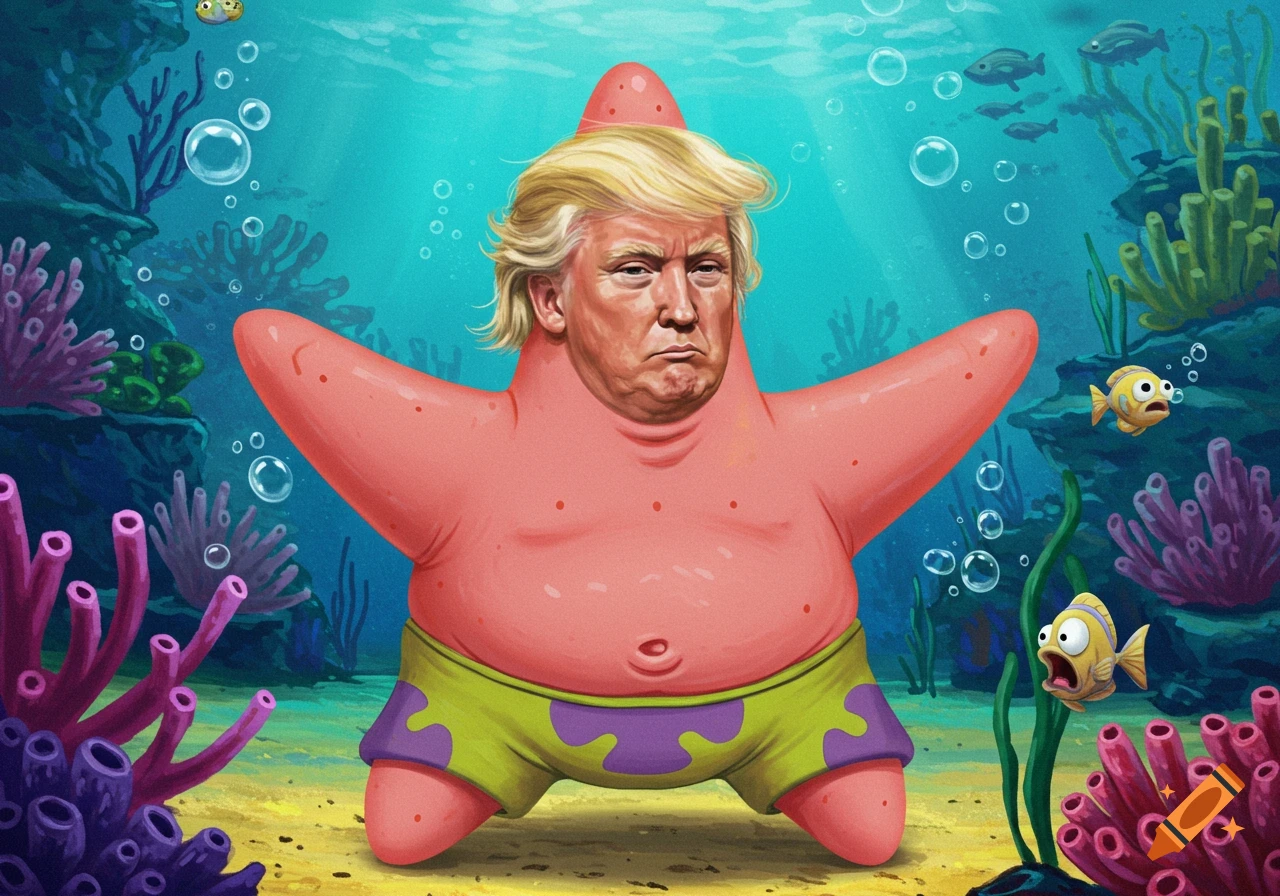 Caricature of Donald Trump's head and blonde hair on Patrick Star's pink starfish body, wearing green shorts underwater with coral and fish.