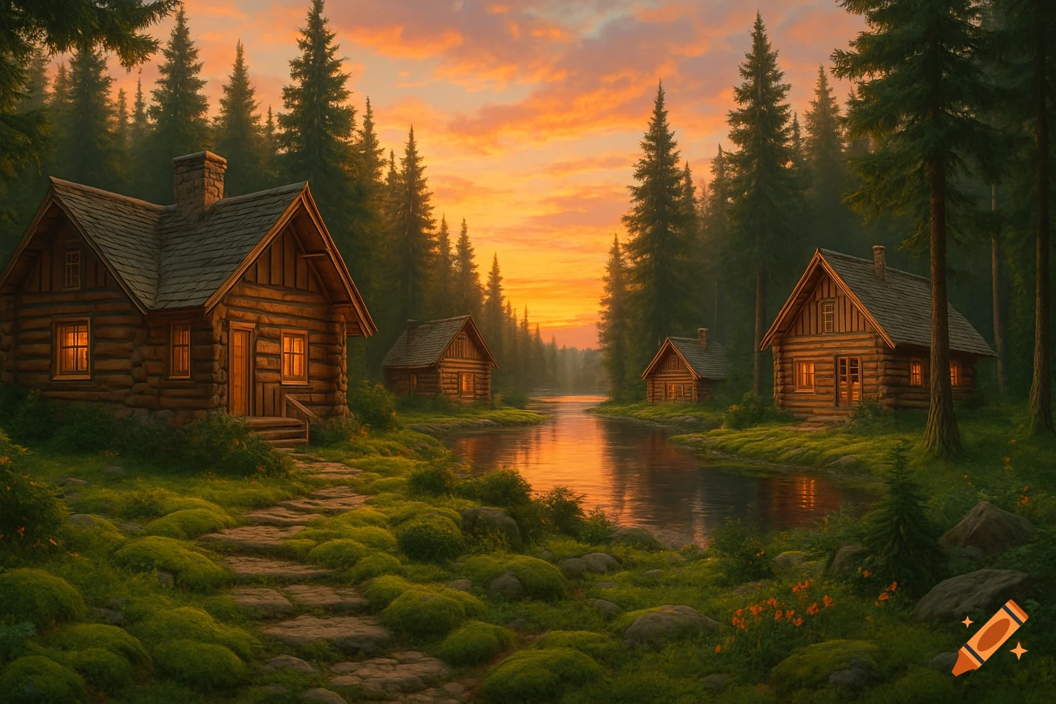 Several cozy log cabins nestled by a winding river in a dense forest, bathed in the warm glow of a vibrant sunset.