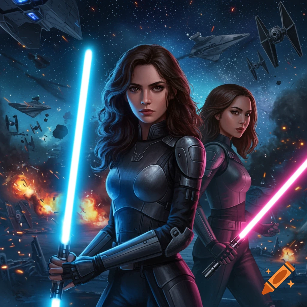 Two women in futuristic armor, one with a blue lightsaber, the other with a pink lightsaber, set against a space battle backdrop.