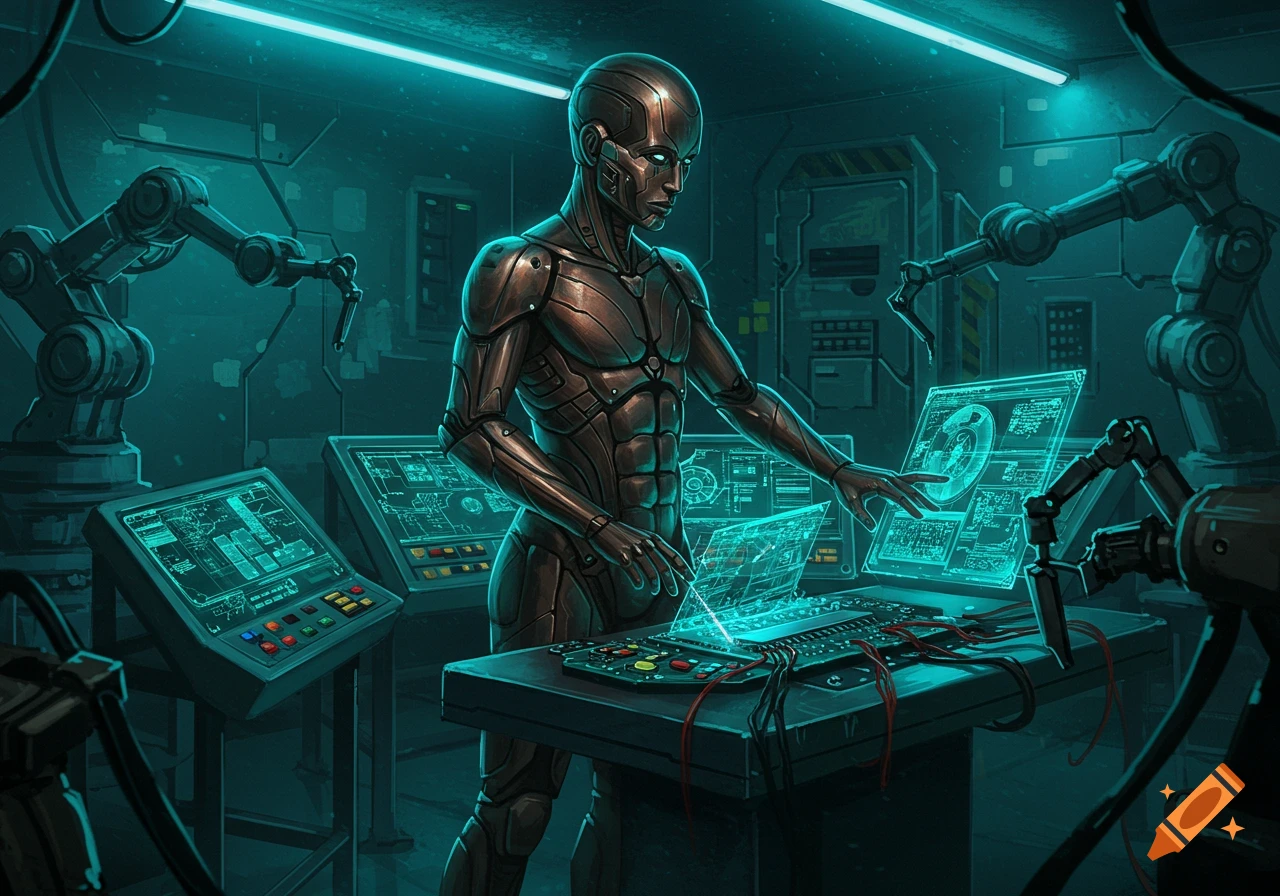 A bronze robot with glowing eyes manipulates holographic screens in a dark, neon-lit sci-fi laboratory, surrounded by robotic arms.