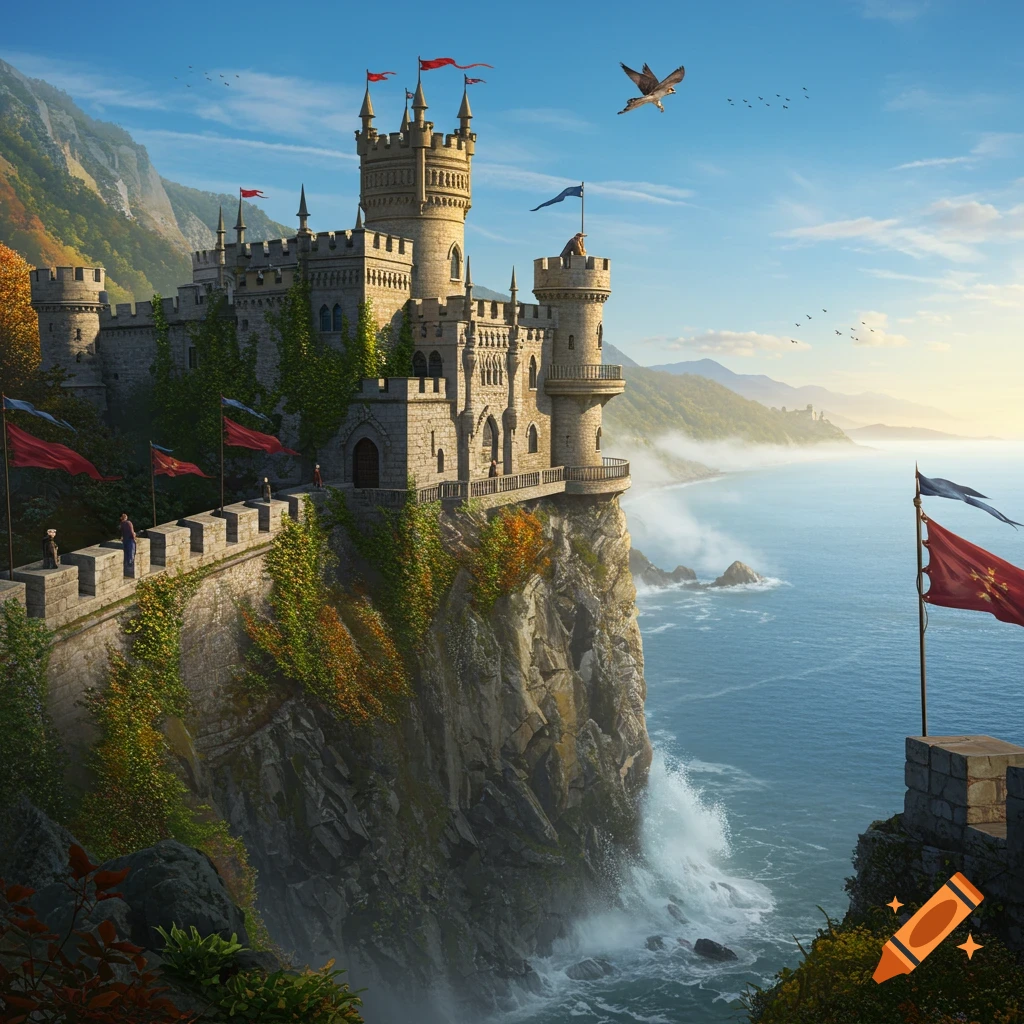 Photorealistic image of a majestic stone castle perched on a rugged cliff overlooking a vast blue sea with distant mountains under a clear sky.