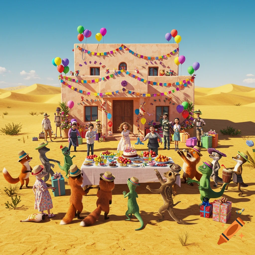 A vibrant birthday party in the desert with a girl, people, and anthropomorphic animals in hats dancing around a decorated house.