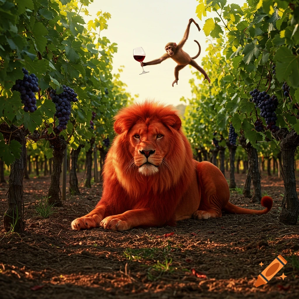 A photorealistic image of a red lion resting in a vineyard while a monkey swings overhead, holding a glass of red wine.