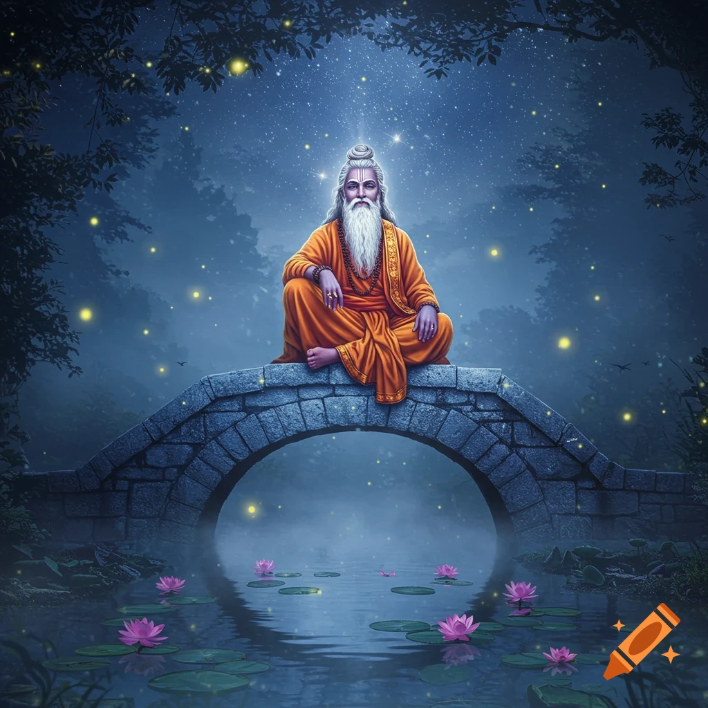 A white-bearded sage in orange robes meditates on a stone bridge over a lily pond at night, illuminated by fireflies and stars.