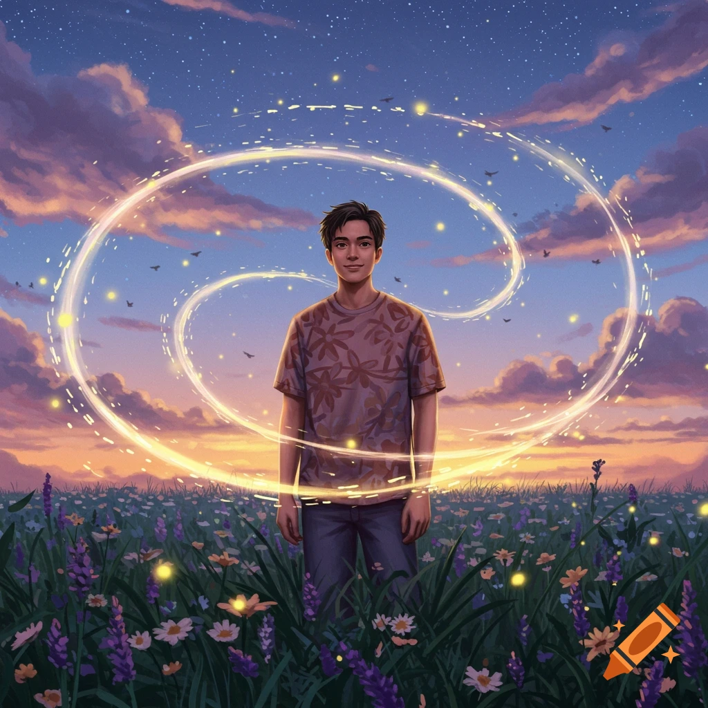 A young man stands in a field of purple and white flowers under a starry twilight sky, surrounded by glowing golden spirals and fireflies.