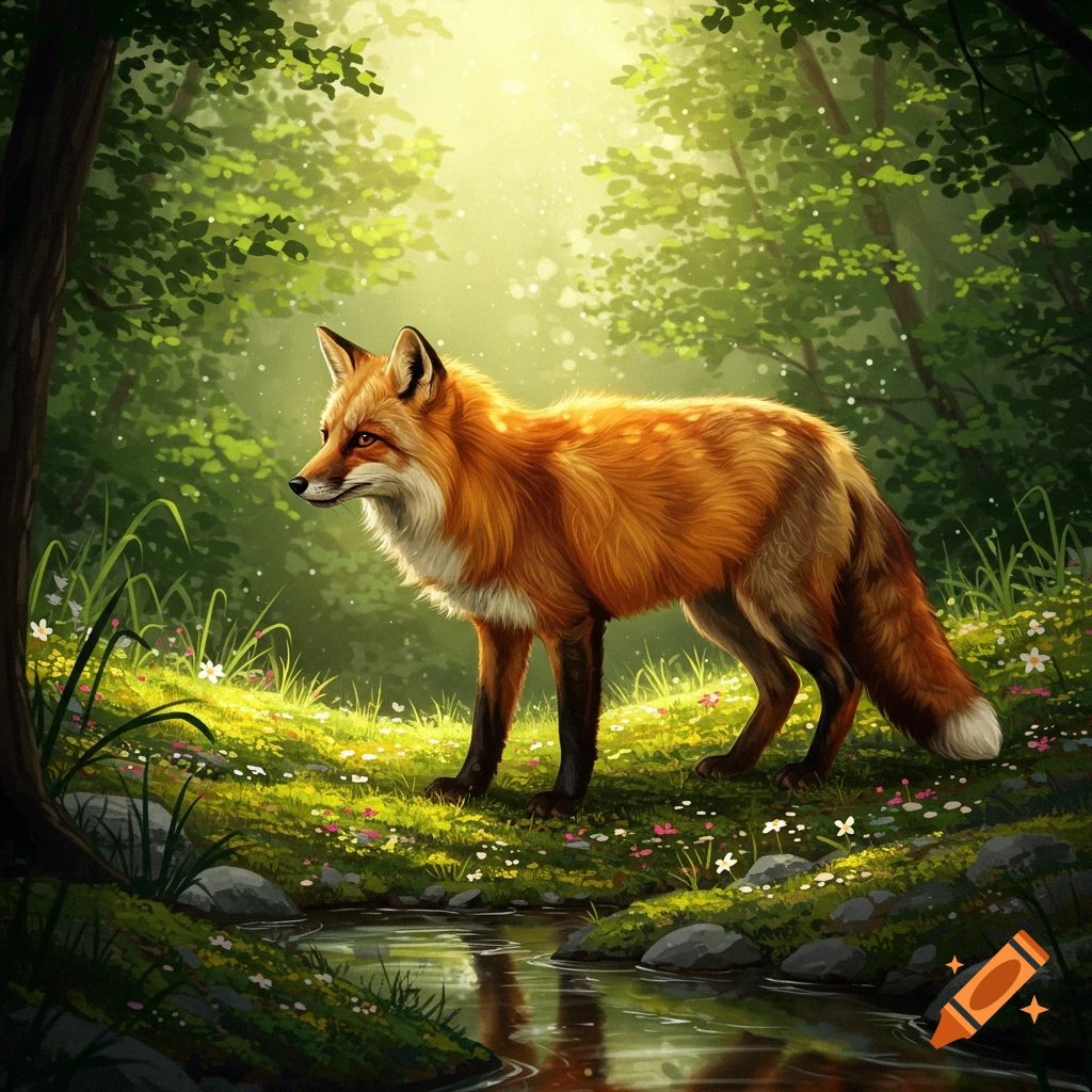 A vibrant orange fox stands in a sunlit forest clearing with a small stream, wildflowers, and lush green trees.