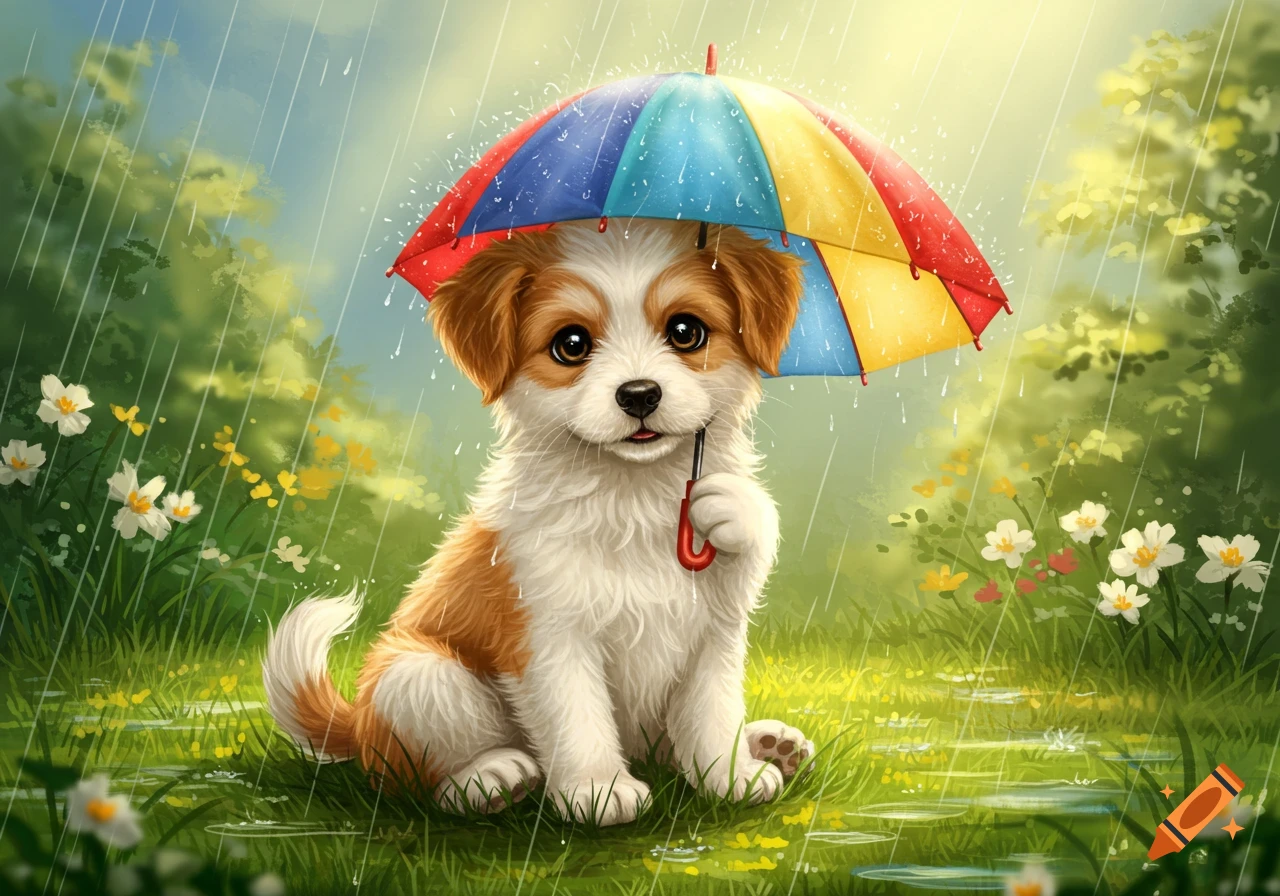 A cute cartoon puppy with brown and white fur sits in the grass holding a colorful umbrella in the rain.