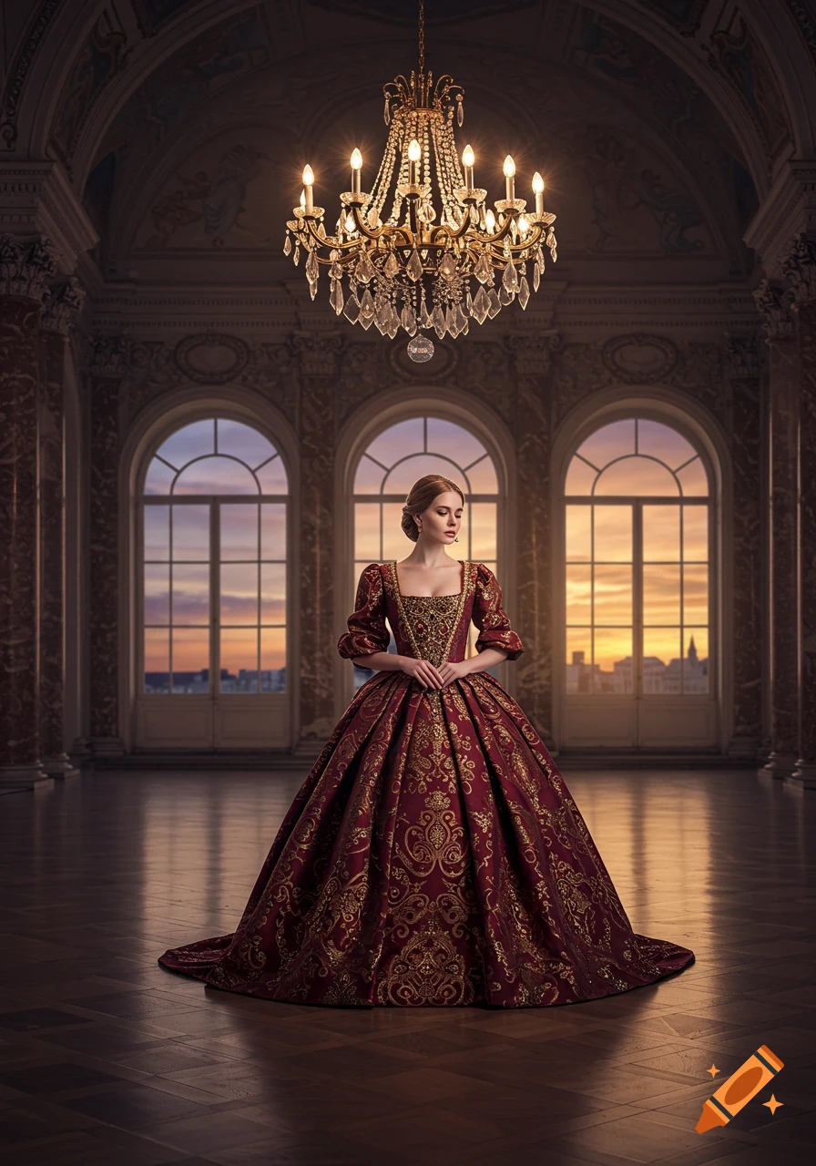 A woman in an elaborate red and gold gown stands in a grand hall with arched windows overlooking a sunset cityscape.