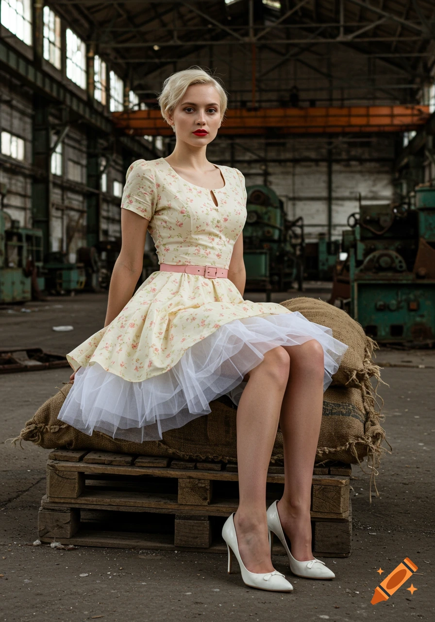 A blonde woman in a 1950s floral dress and white heels sits on sacks in an abandoned factory, looking at the camera.
