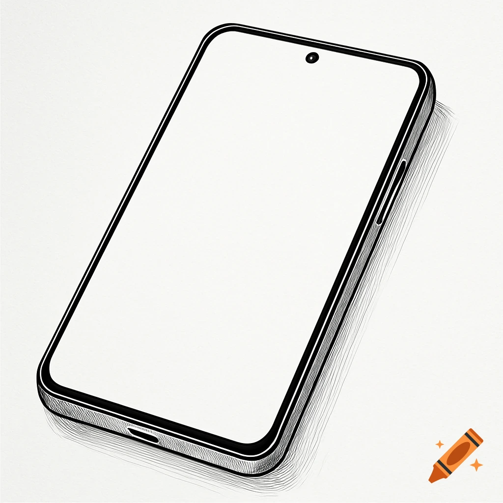 Black and white technical illustration of a minimalist smartphone with a hole punch camera and blank screen.