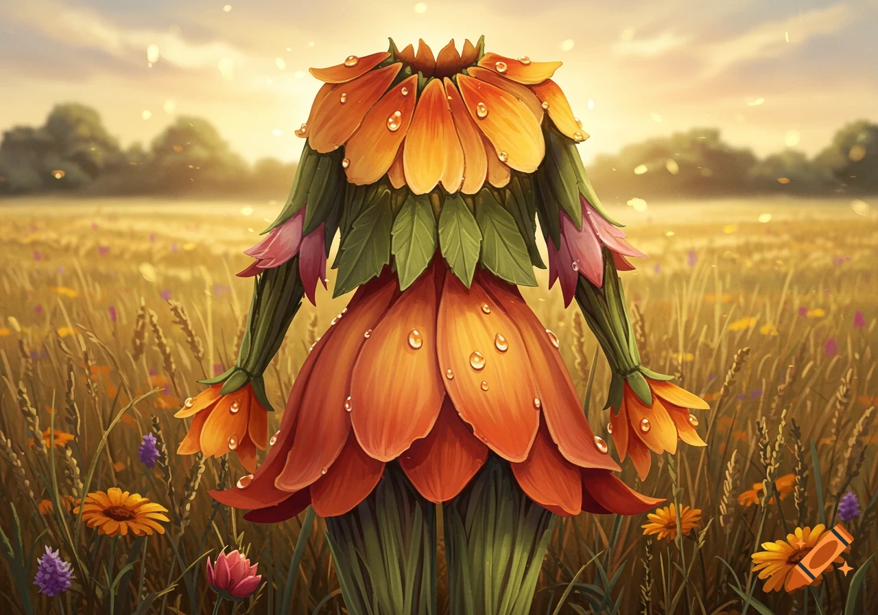 A whimsical outfit made of orange and red flower petals and green leaves, adorned with dewdrops, standing in a sunlit golden field.
