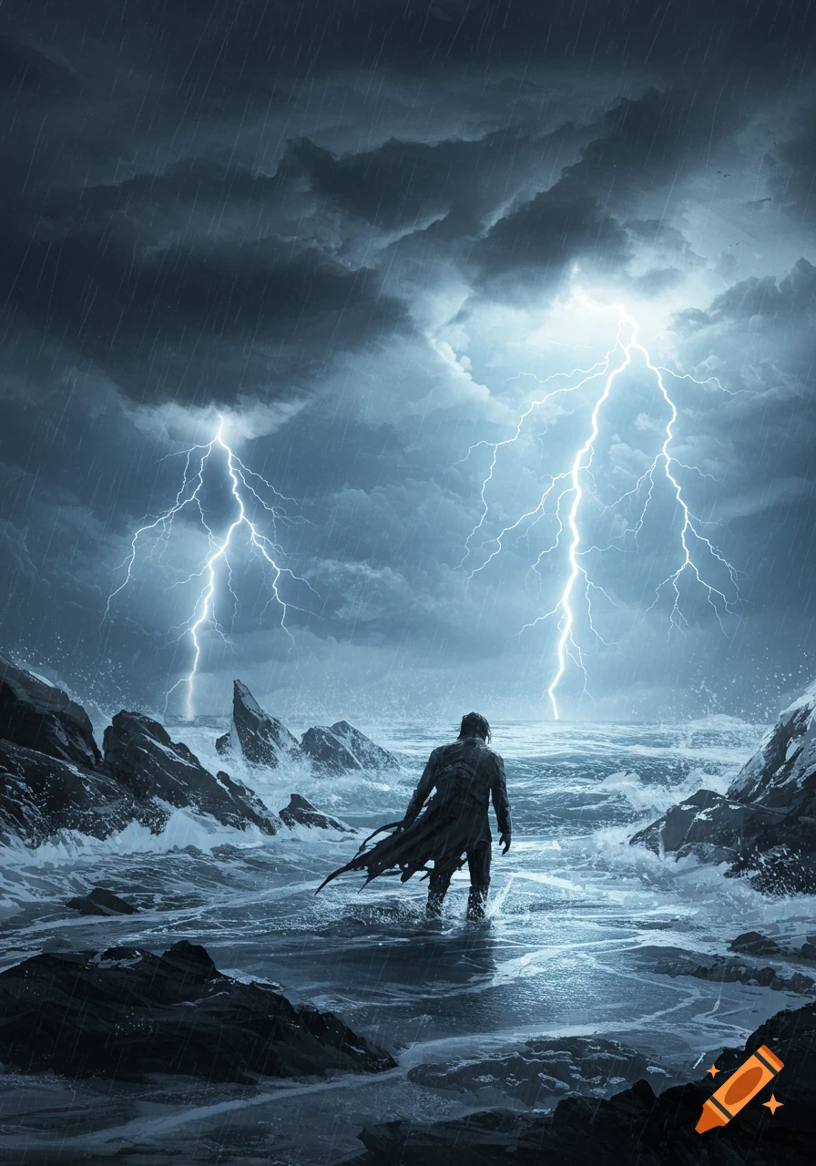 A lone figure in a long coat stands in a stormy ocean with crashing waves and jagged rocks under a sky filled with lightning and rain.