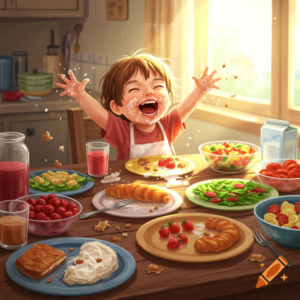 A cheerful child with food on their face and hands, making a mess at a bright kitchen table full of food, in an illustration.