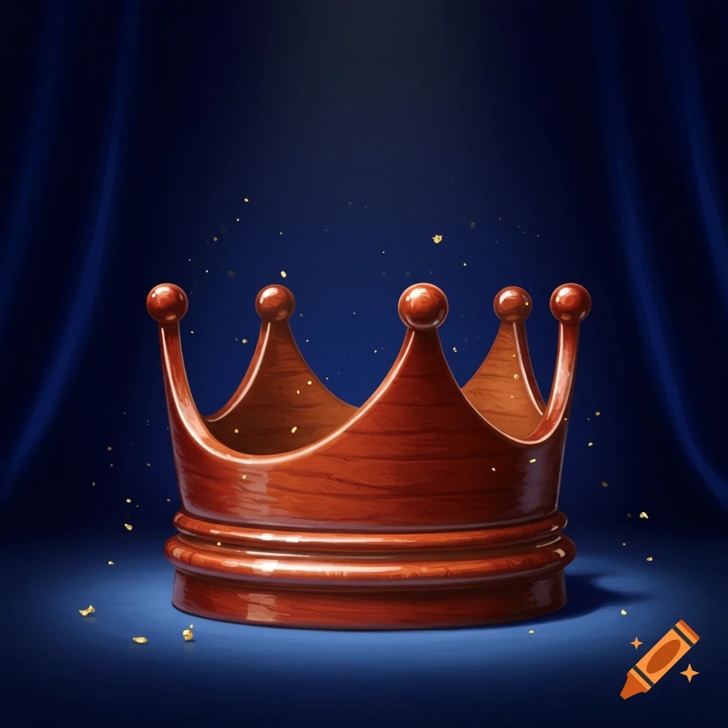 A wooden crown made from stacked red checker pieces on a deep blue draped background with golden flecks.