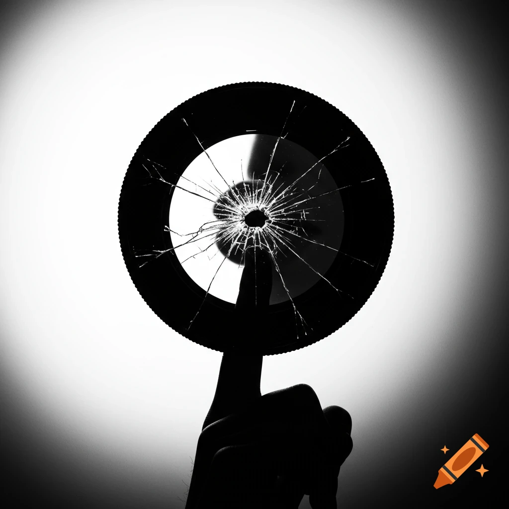 Minimalist black and white silhouette of a hand balancing a cracked camera lens against a bright background.