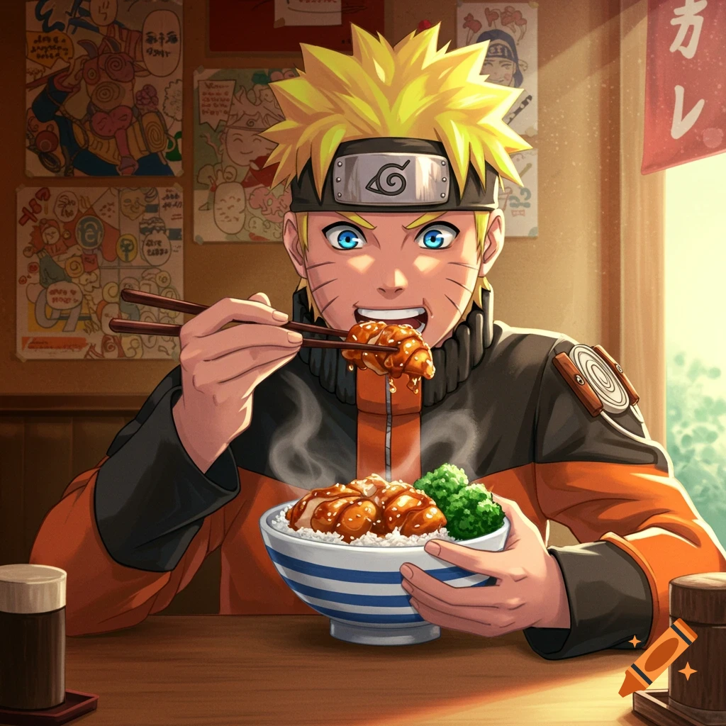 Naruto in anime style, happily eating chicken rice and broccoli with chopsticks at a restaurant table.