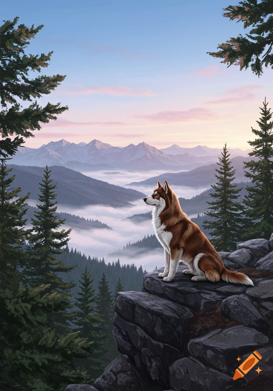 A brown and white husky sits on a rocky mountain overlooking a misty valley with pine trees at sunrise.