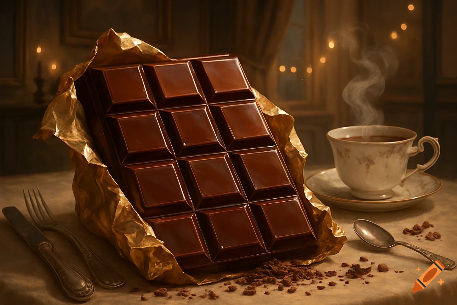 Photorealistic still life of a large chocolate bar partially unwrapped in golden foil, next to a steaming cup of coffee and cutlery.