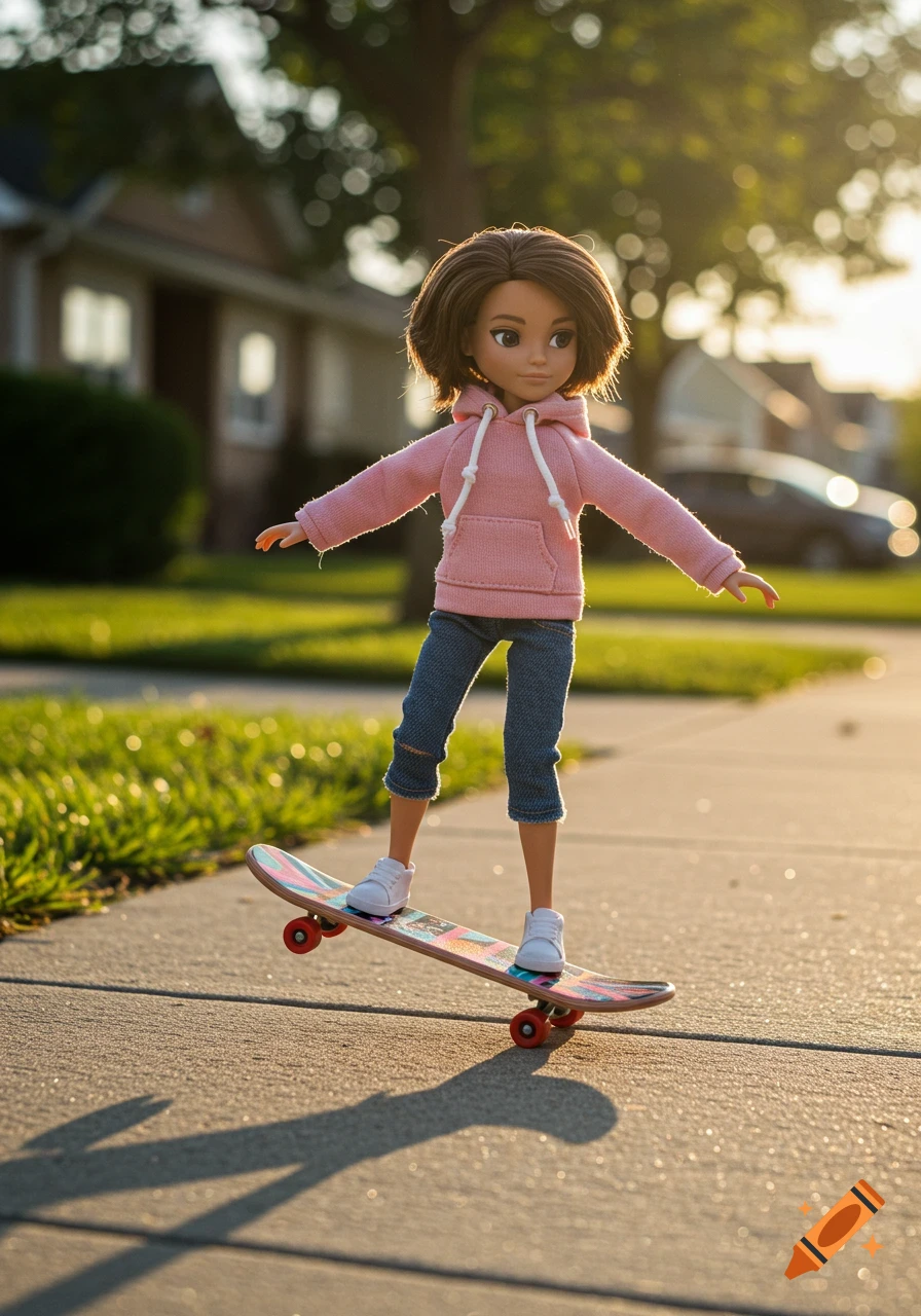 A photorealistic Lammily doll in a pink hoodie and jeans skateboards on a sidewalk at sunset.