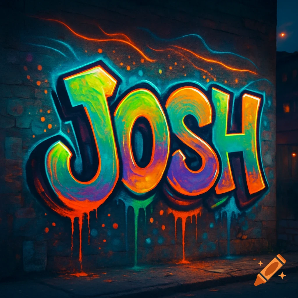 Colorful graffiti of the word 'JOSH' on a brick wall at night, with glowing neon outlines and dripping paint.