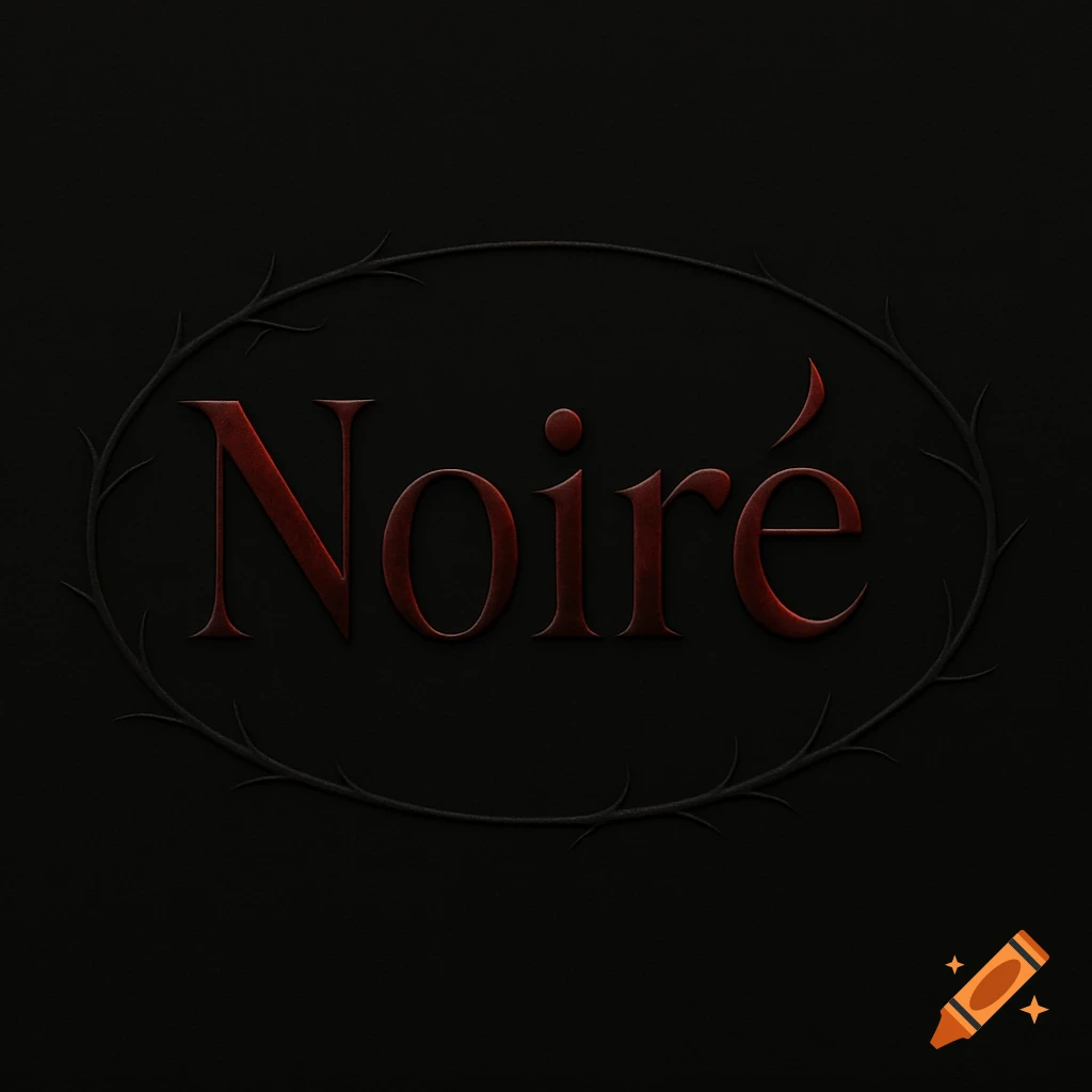 Stylized 'Noir or the word Noir ' logo in red and black with a thorny oval frame on a dark background.