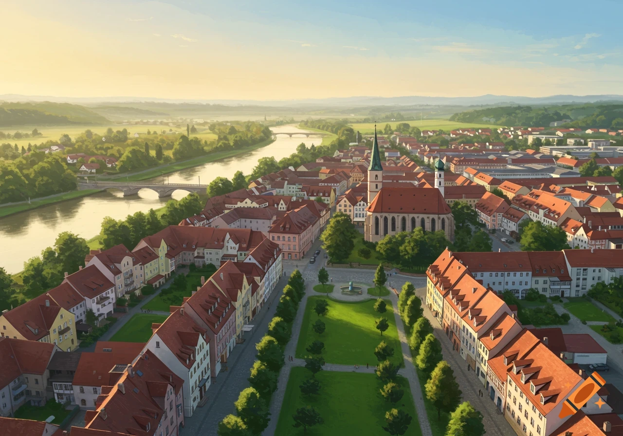 Aerial view of a picturesque European town with red-roofed buildings, a prominent church, and a winding river.