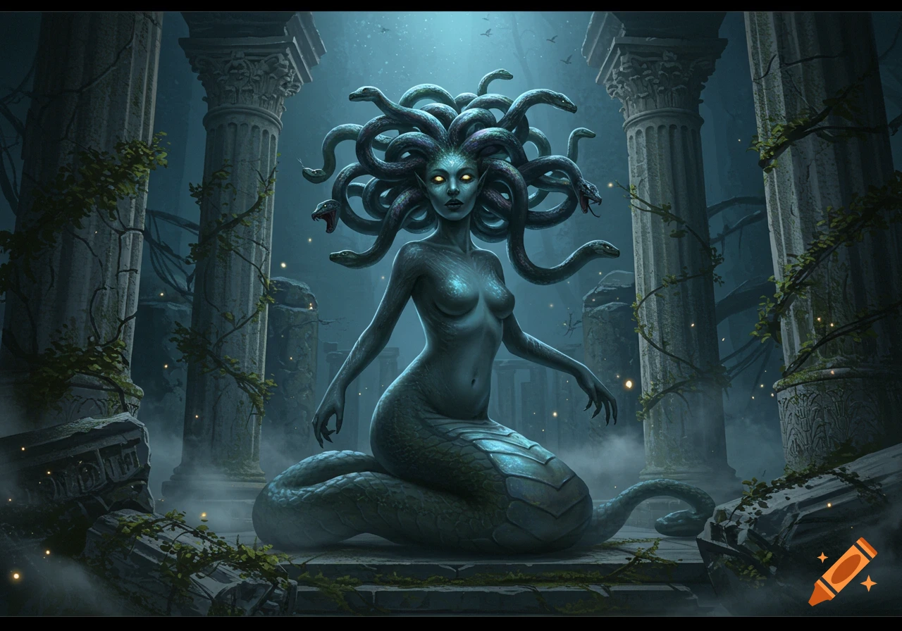 A fantasy illustration of Medusa with snake hair and tail, seated in moonlit ancient ruins.