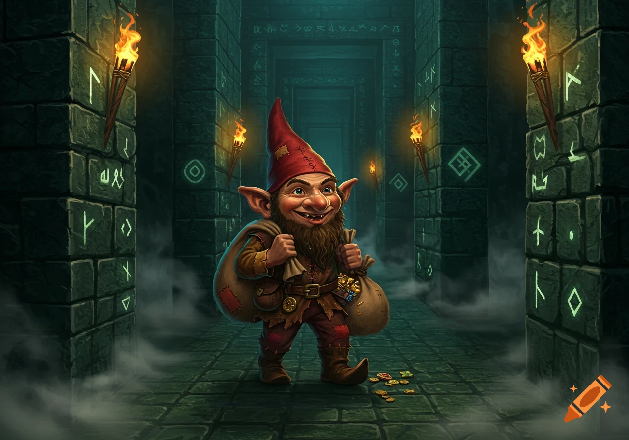 A mischievous gnome with a red hat and beard, carrying sacks of treasure, walks through an eerie stone labyrinth lit by torches.