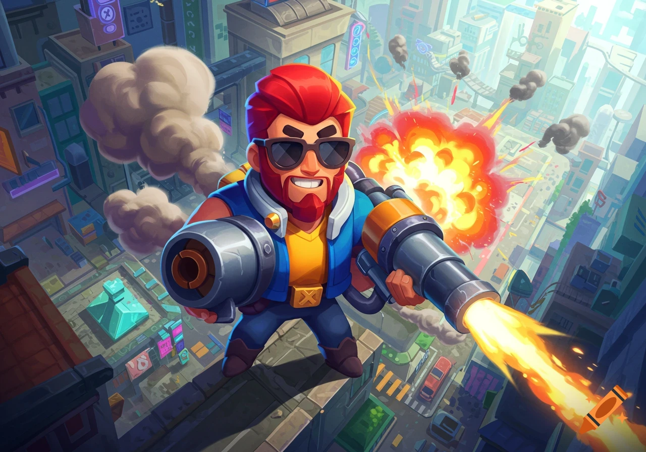 Cartoon character resembling Brock from Brawl Stars on a rooftop, firing rocket launchers in a futuristic city.
