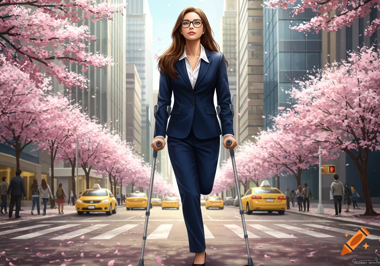 A confident business woman with glasses walks on crutches down a city street lined with pink cherry blossom trees, with taxis in the background in an illustrative style.