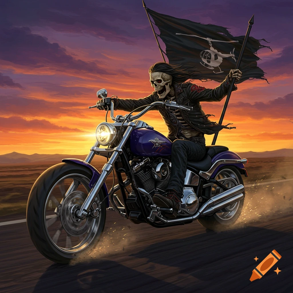 A skeleton in a leather jacket rides a purple motorcycle at sunset, holding a tattered black flag with a helicopter insignia.
