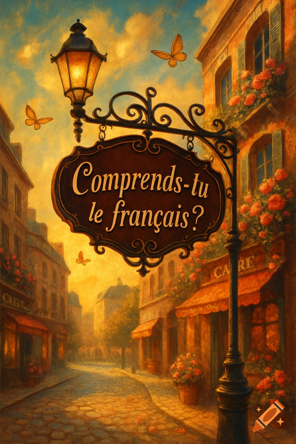 Painterly street scene with a sign reading 'Comprends-tu le français?' on a lamppost, cobblestone street, and buildings with flowers under a golden sky.
