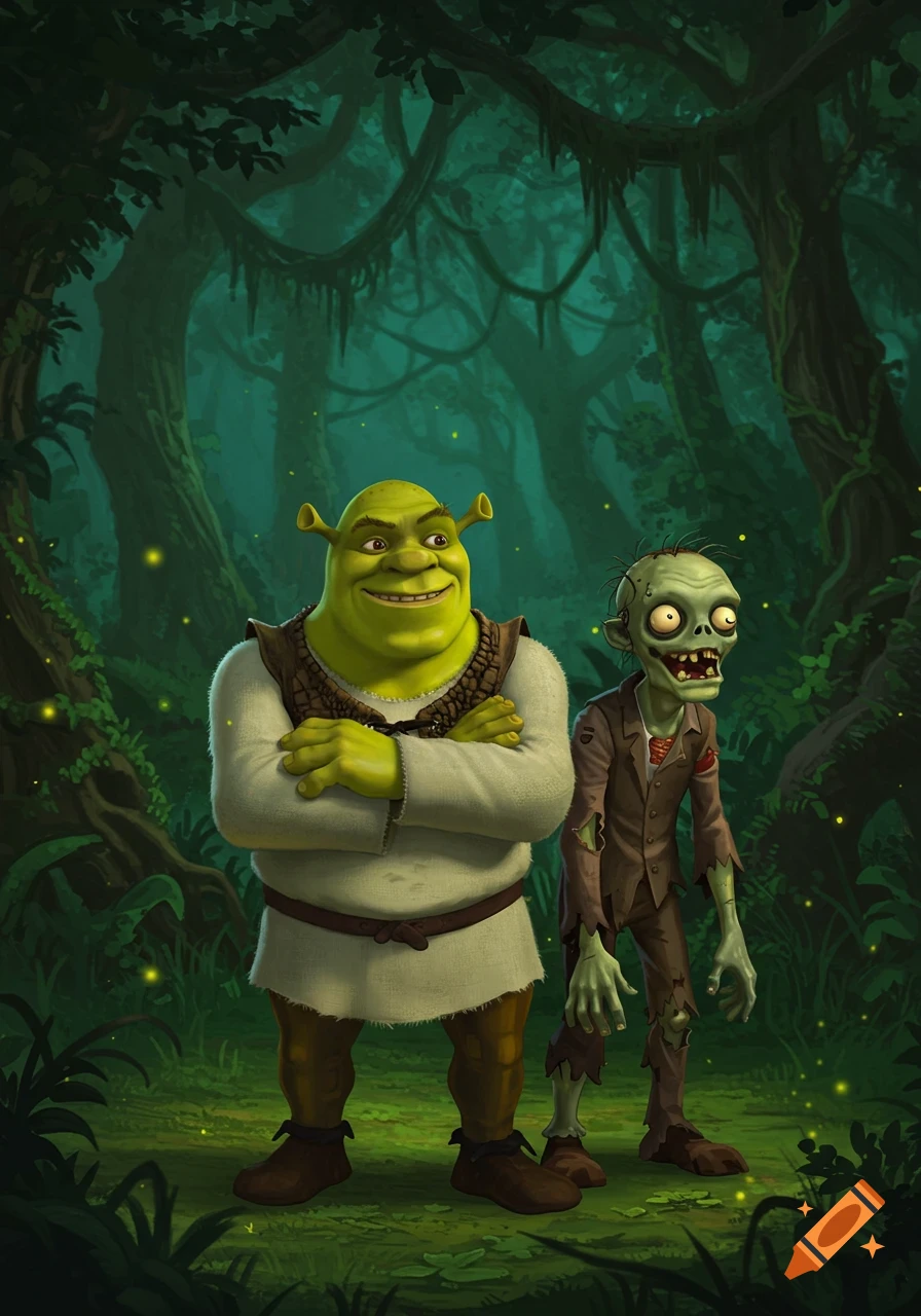 Shrek stands with a cartoon zombie in a dark, lush jungle with fireflies, in an animated style.