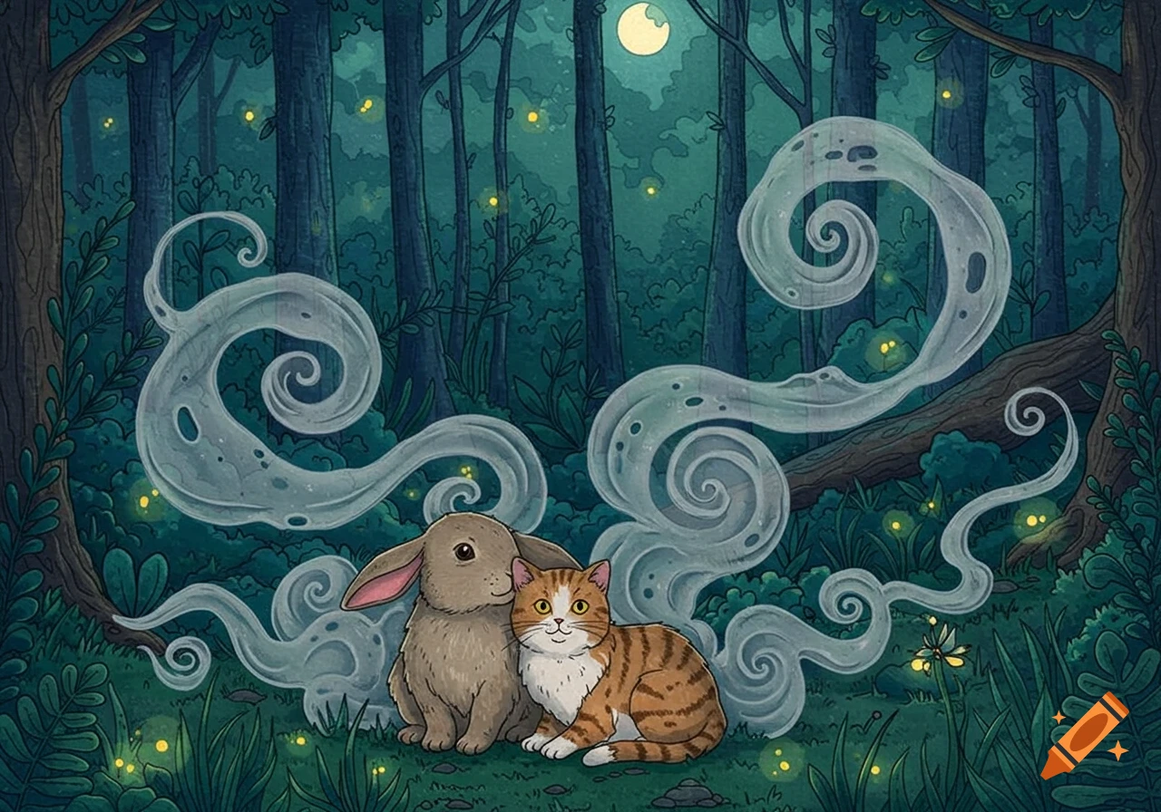 Whimsical illustration of a rabbit and cat in a dark forest with fireflies, a full moon, and ghostly smoke.