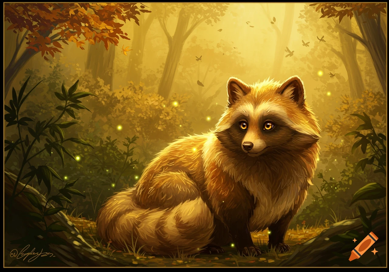 A glowing golden tanuki sits in a lush, magical forest with fireflies, in an illustrative style.