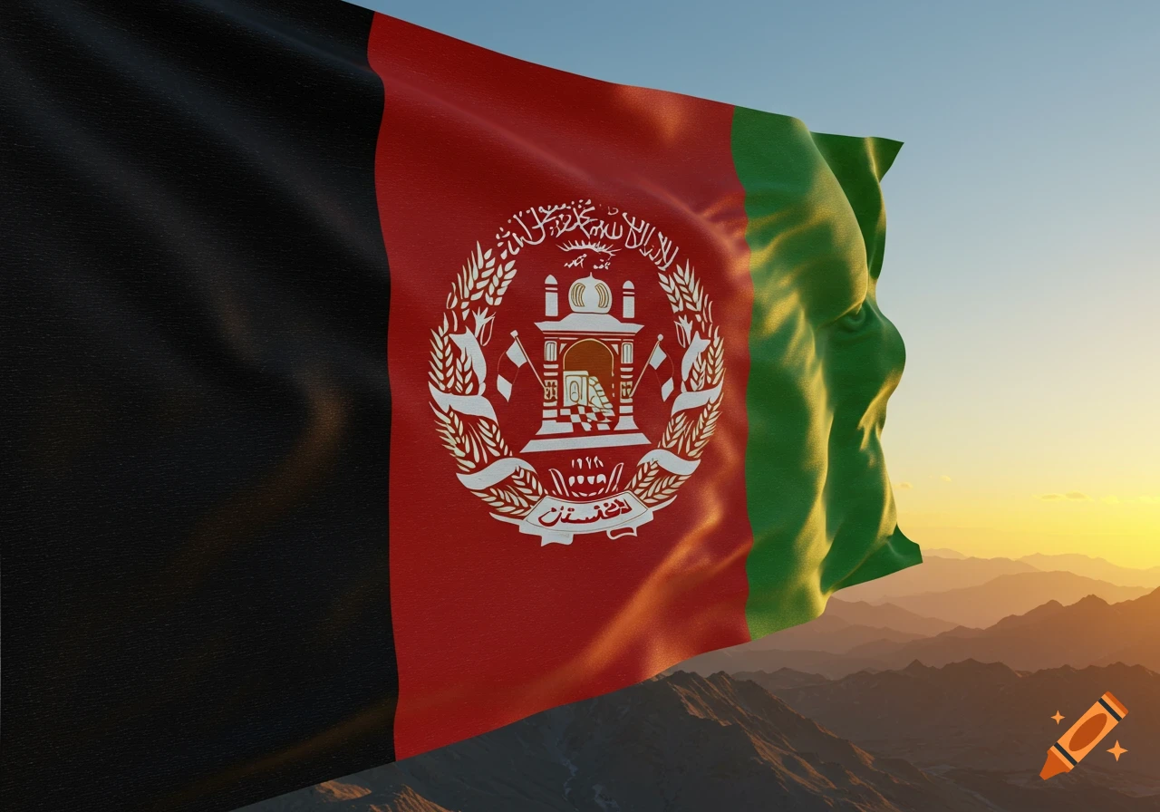 Photorealistic flag of Afghanistan waving over a mountain range at sunset, with the emblem clearly visible.