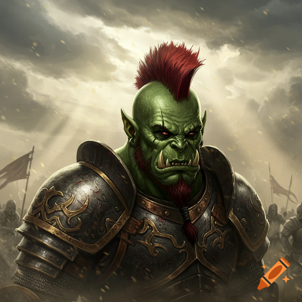 A menacing green-skinned orc warrior with a red mohawk, beard, and glowing red eyes wears ornate dark armor against a stormy battlefield.