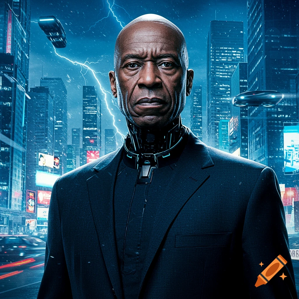 Photorealistic portrait of a serious bald man with a futuristic neck device in a neon cyberpunk city with flying cars and lightning.