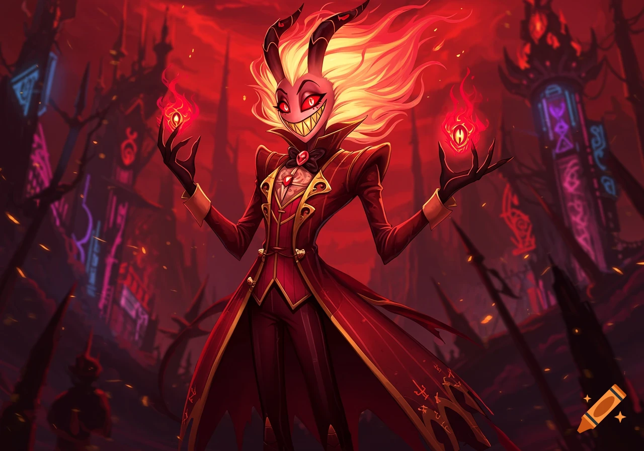 A demon with fiery hair and horns, in a red suit, holds glowing orbs in a dark, stylized hellscape.