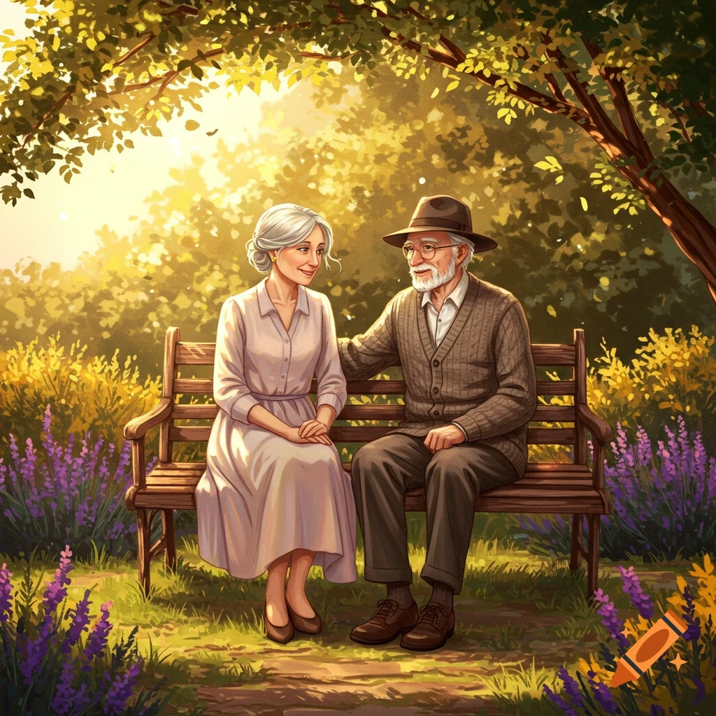 An elderly couple sits on a park bench under a tree, bathed in golden sunlight. The man wears a hat and cardigan, the woman a light dress.