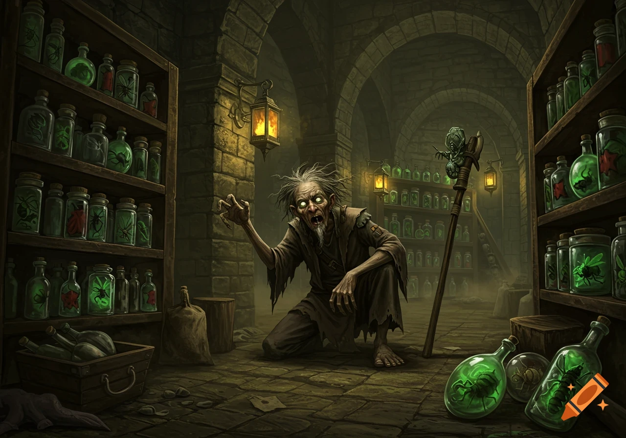 A creepy, disheveled old man crouches in a dark dungeon, surrounded by shelves of glowing bottled insects and potions. Fantasy art.