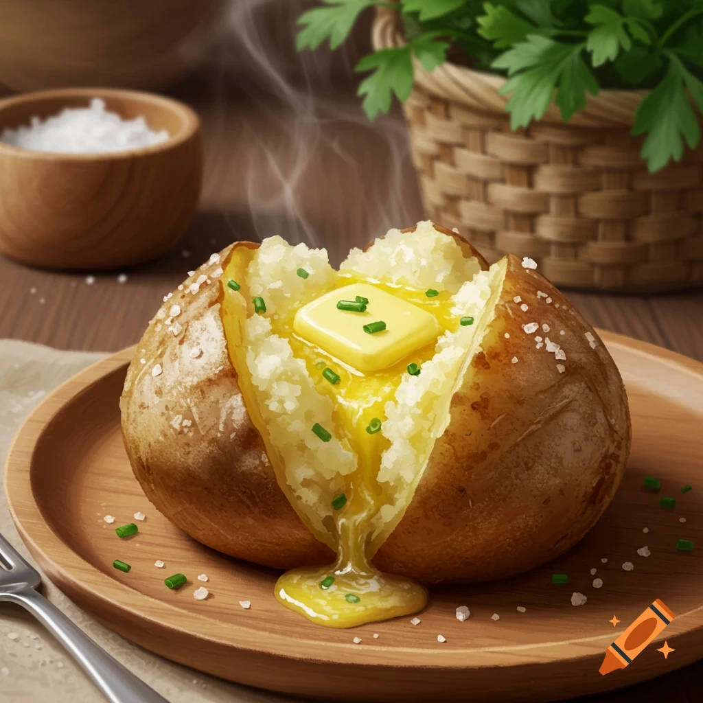 A steaming, photorealistic baked potato split open with melting butter and chives, served on a wooden plate with salt crystals.