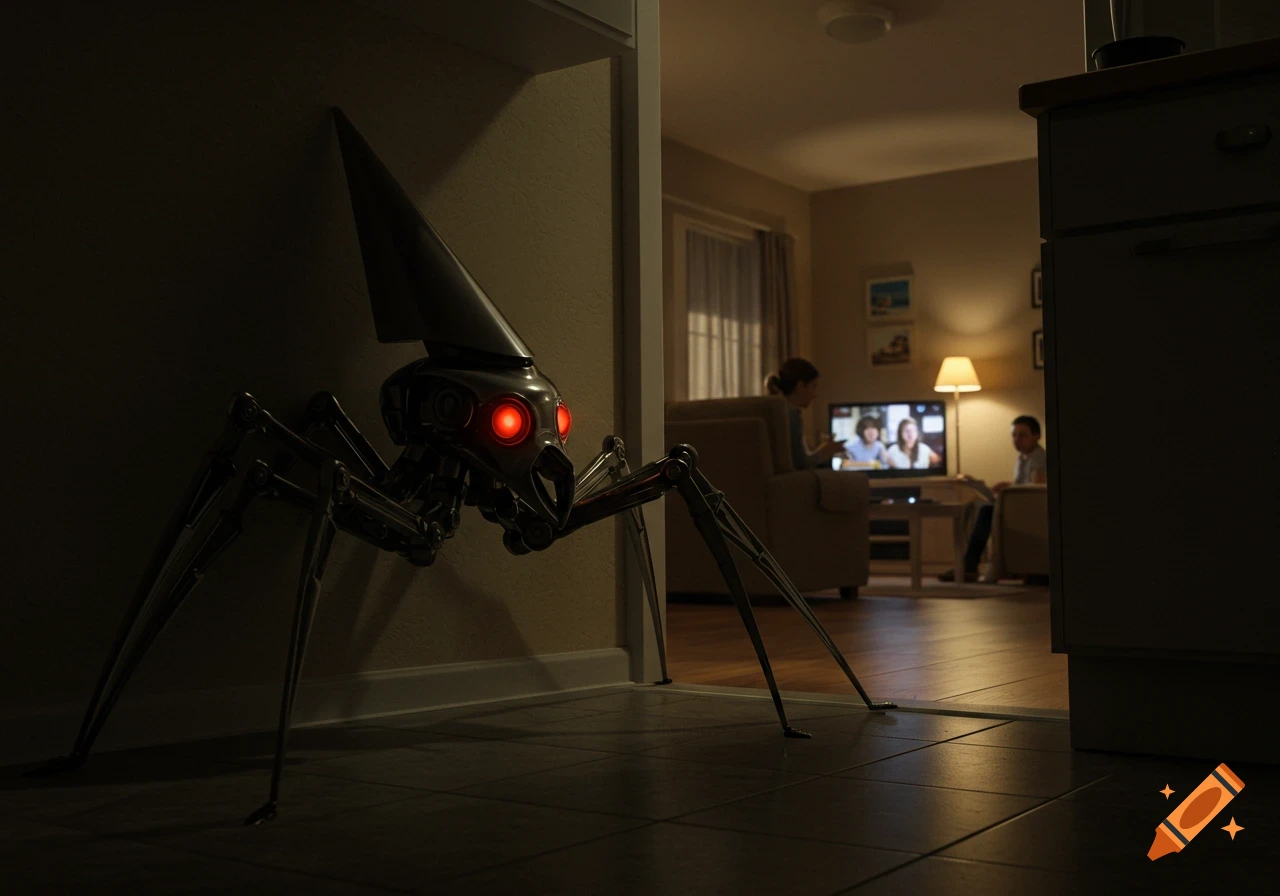 A robotic spider with glowing red eyes lurks in a dark hallway, observing a family watching TV in an adjacent living room.