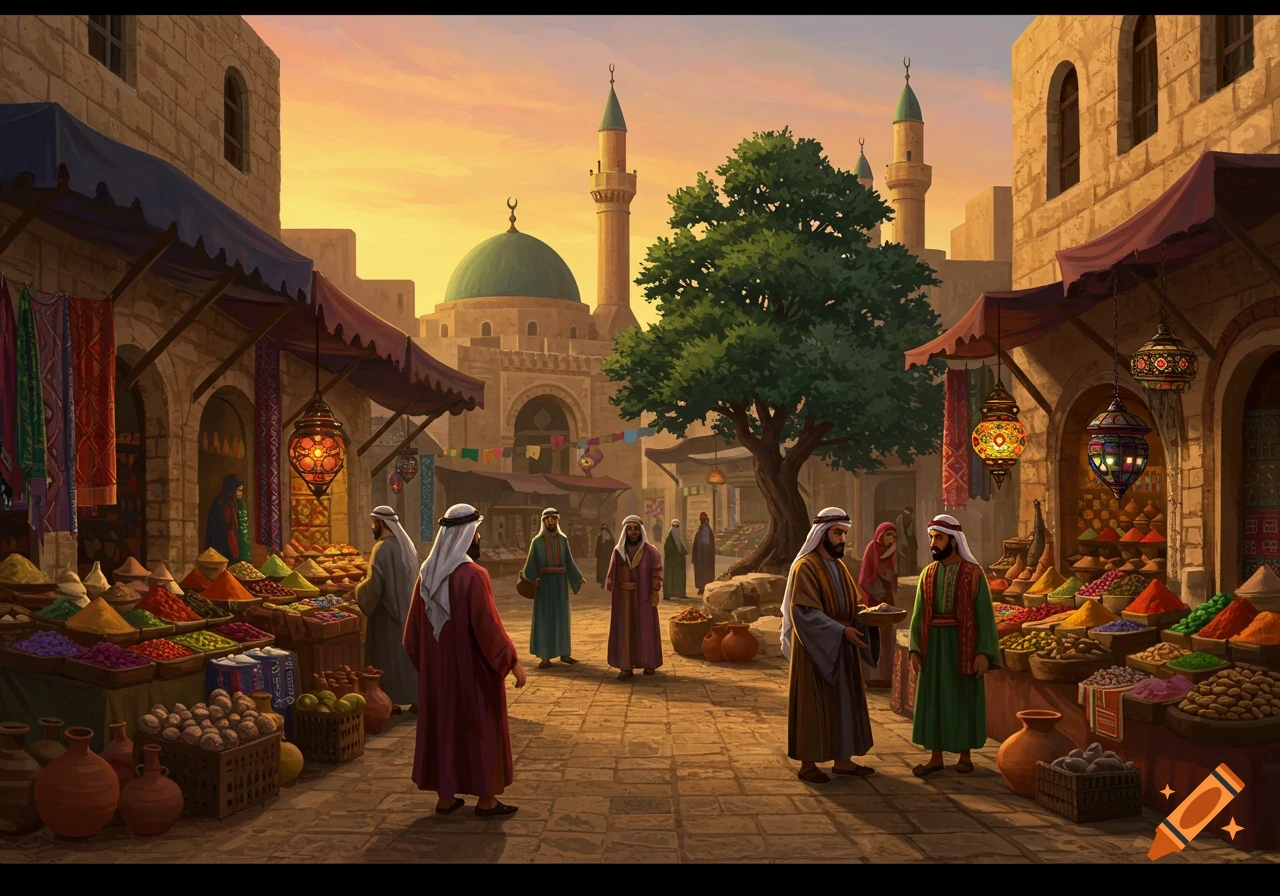 An illustration of a bustling Middle Eastern market street at sunset, with people in traditional attire, colorful spice stalls, and buildings with domes and minarets.