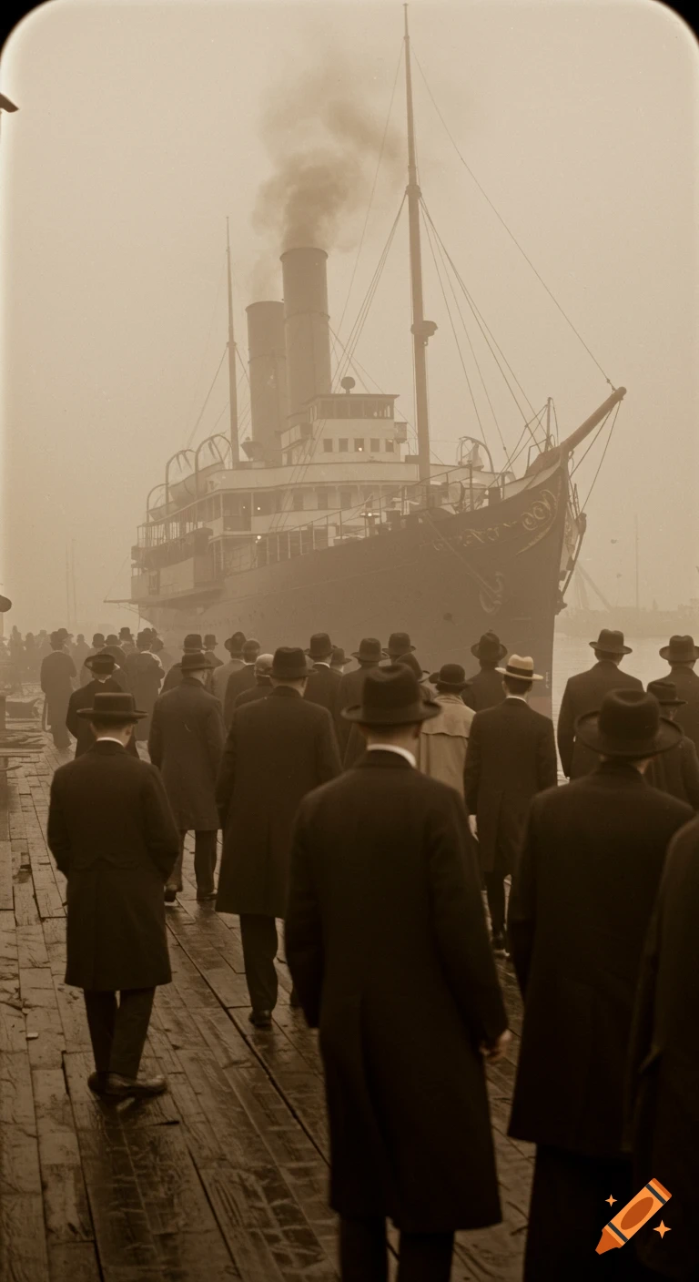 Sepia photograph of people in hats and coats on a foggy dock, looking towards a large steamship.
