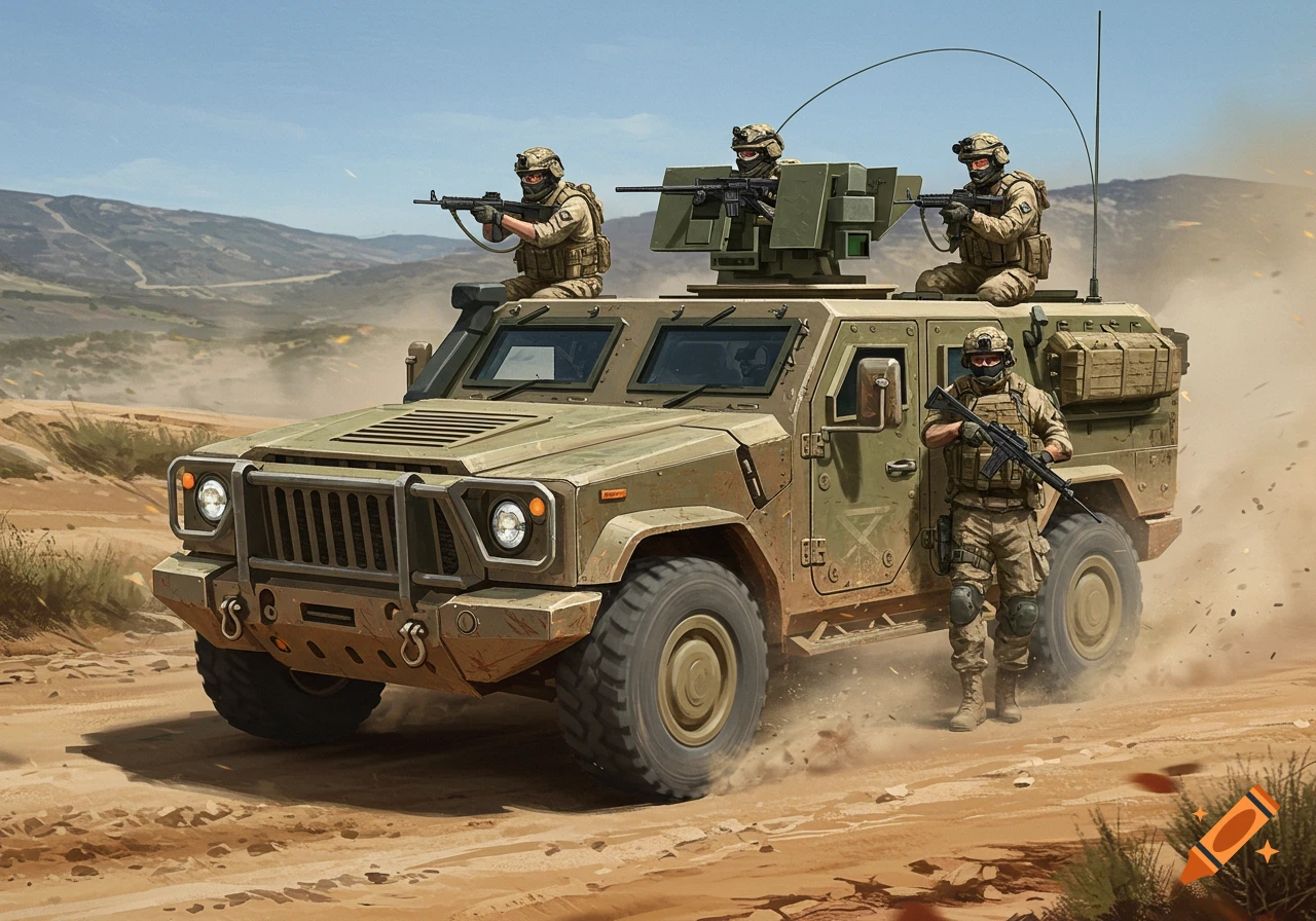 An olive green armored military vehicle carrying armed soldiers through a dusty desert landscape with mountains in the distance, digital illustration.