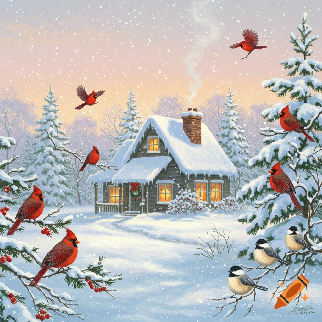 A cozy, snow-covered cabin with warm lights in windows, surrounded by snowy evergreen trees and red cardinals and chickadees.