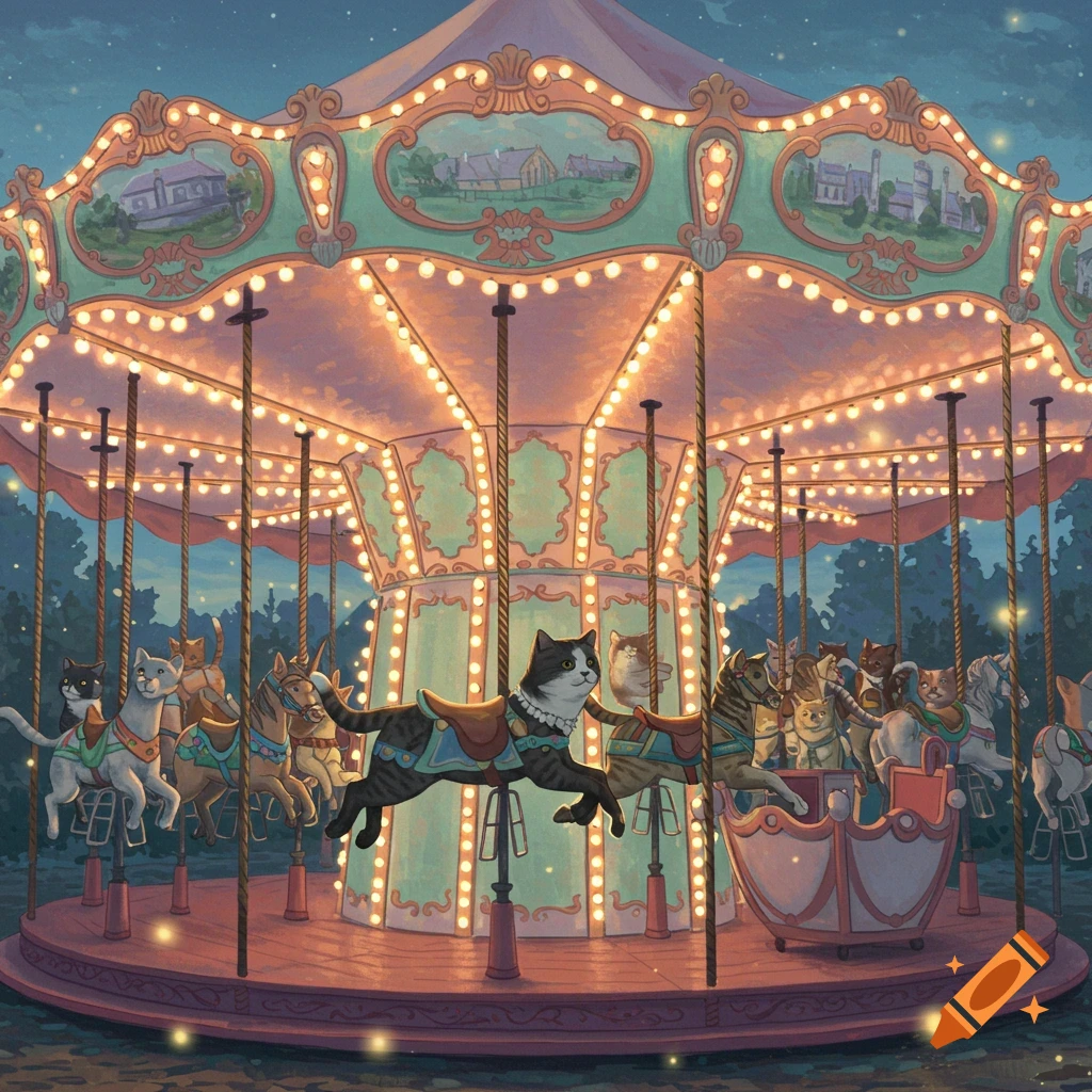 An illuminated carousel at night with various cats as hobby horses, against a dark sky.