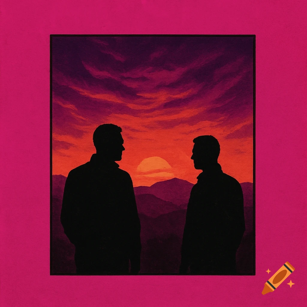 Two men's silhouettes facing each other against a vibrant pink and orange sunset over mountains, framed in magenta.